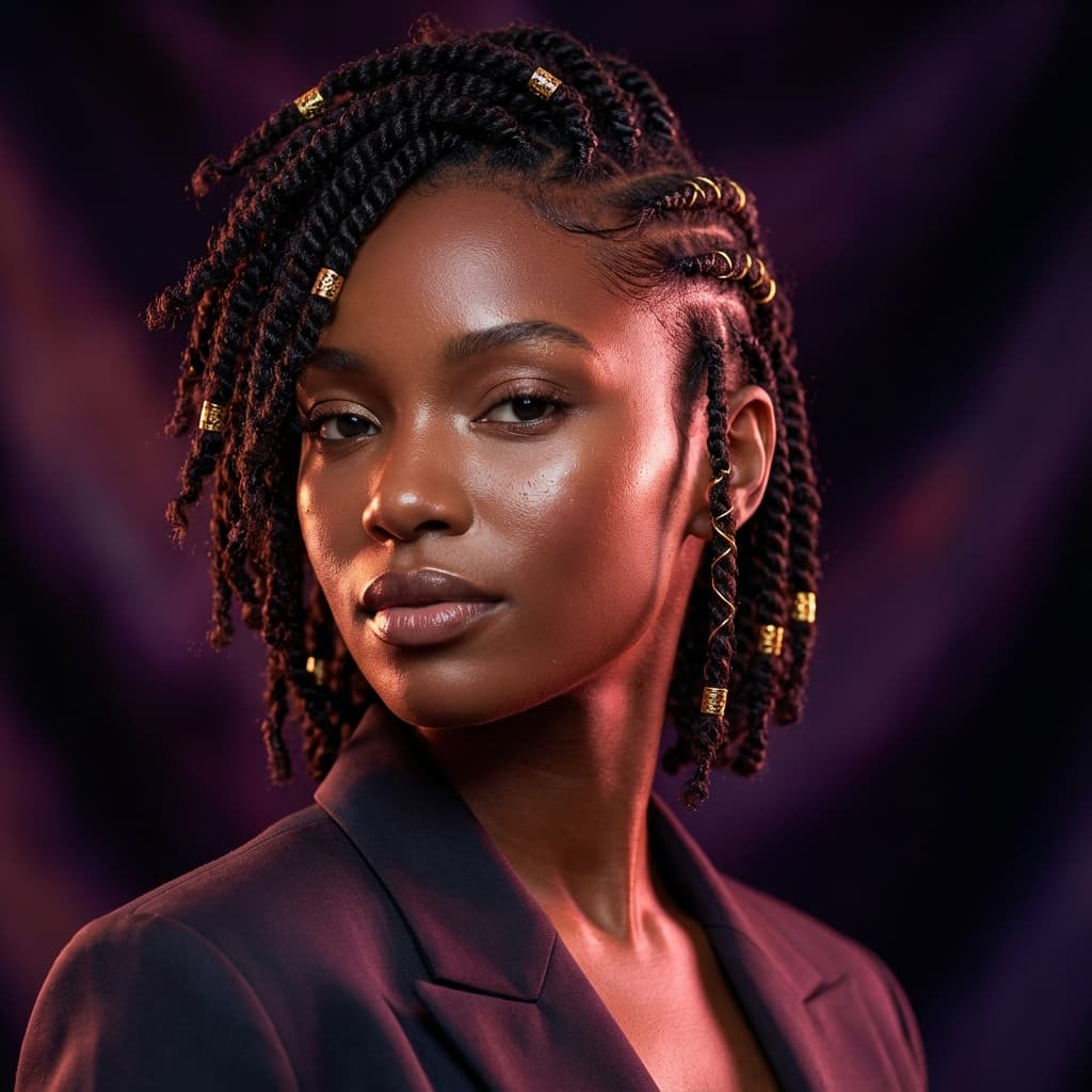 Twists with gold cuffs styled at K'S Lavish Beauty in Brampton