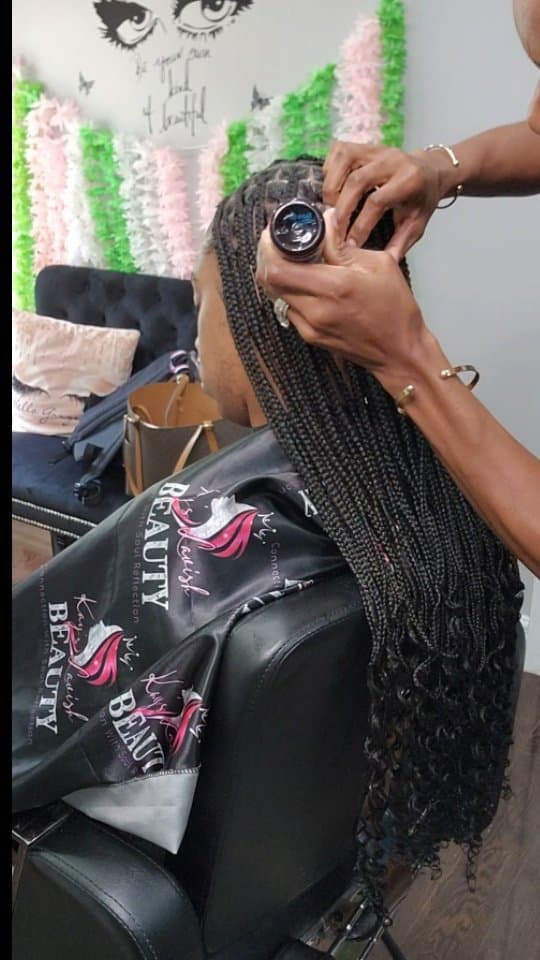 Side profile of finished knotless box braids at K'S Lavish Beauty