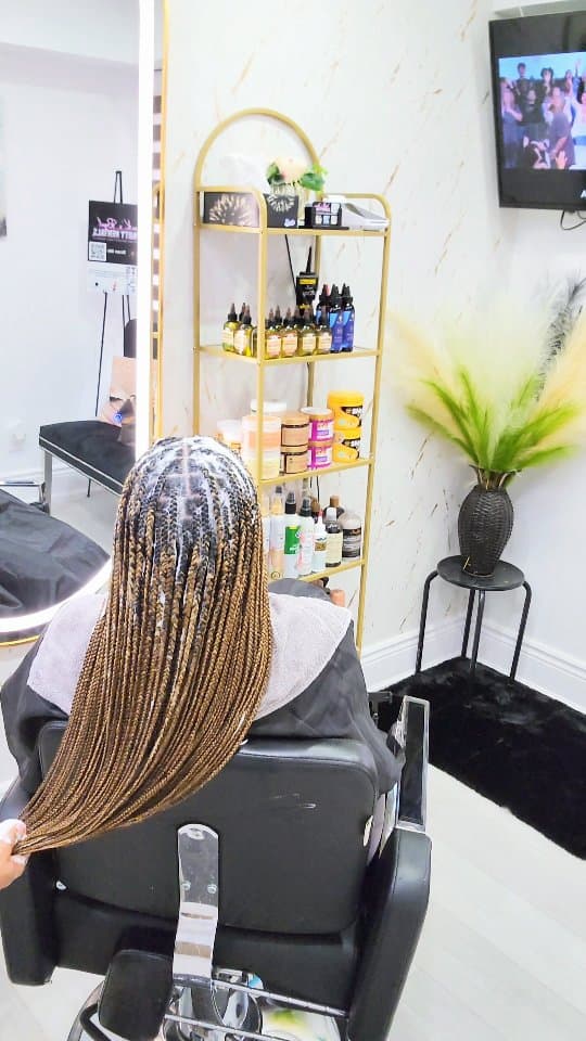 Long knotless box braids with caramel highlights